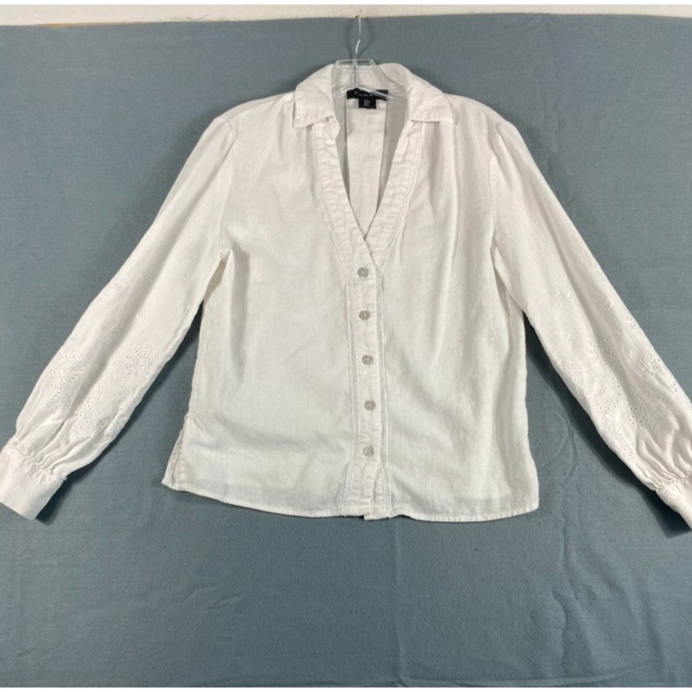 Tahari Linen Blend Top Shirt Women Sz S White Embroidered Sleeves Resort Coastal